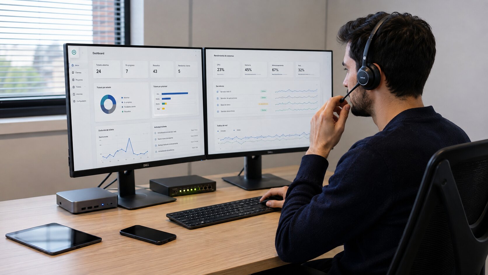 Oficina con equipos monitorizados y seguros