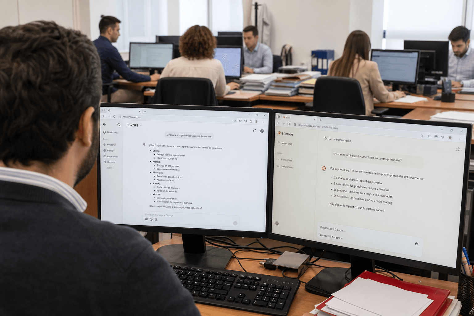 Empleado utilizando una herramienta de inteligencia artificial en una empresa.